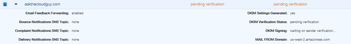 AWS - Verify Domain Pending Verification
