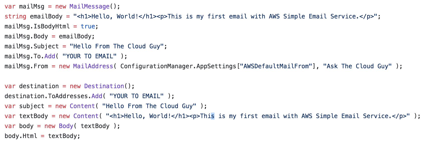 AWS - SES Mail Message C#